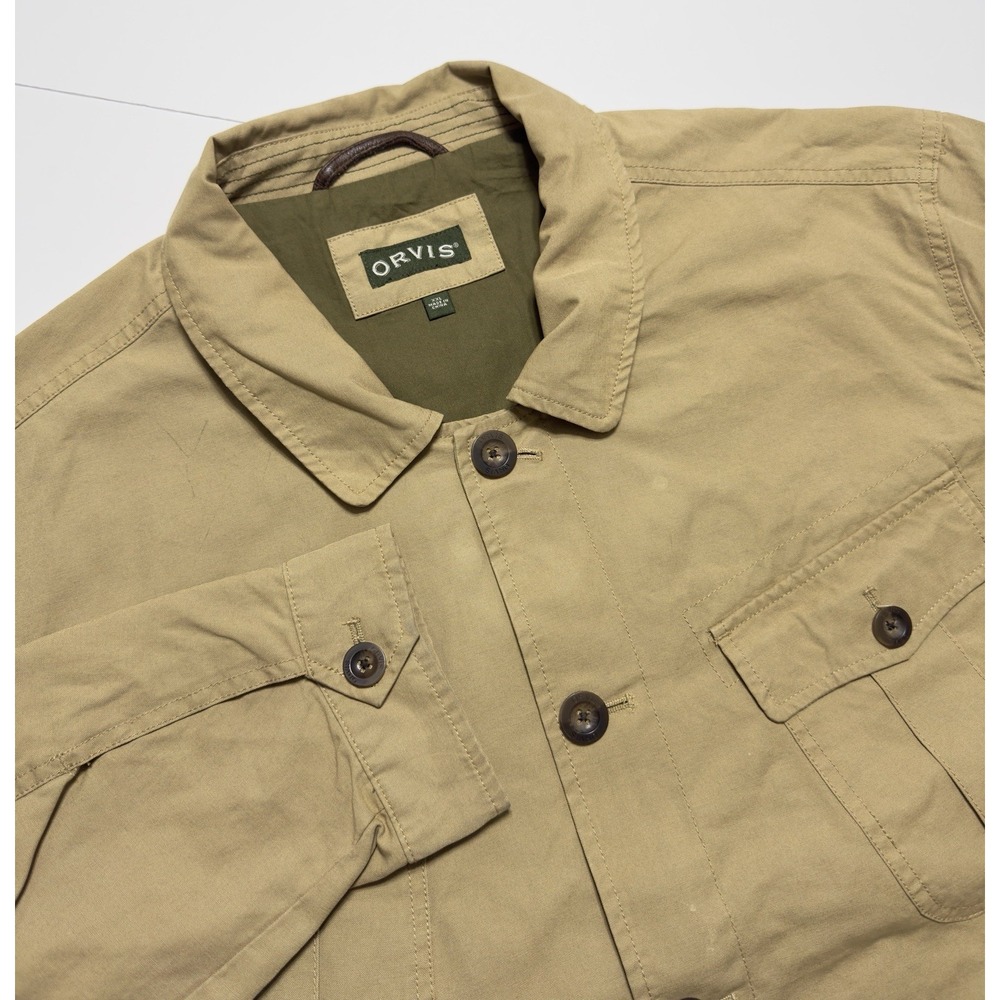 Orvis Men's Chore Barn Coat Jacket Brown Canvas Leather Collar Field Safari 2XL